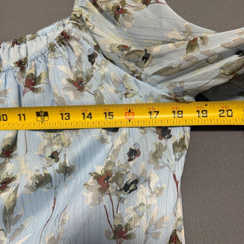 WHBM Cottagecore Off Shoulder Chiffon Floral Blouse M Light Blue Lurex Shimmer - Picture 4 of 11